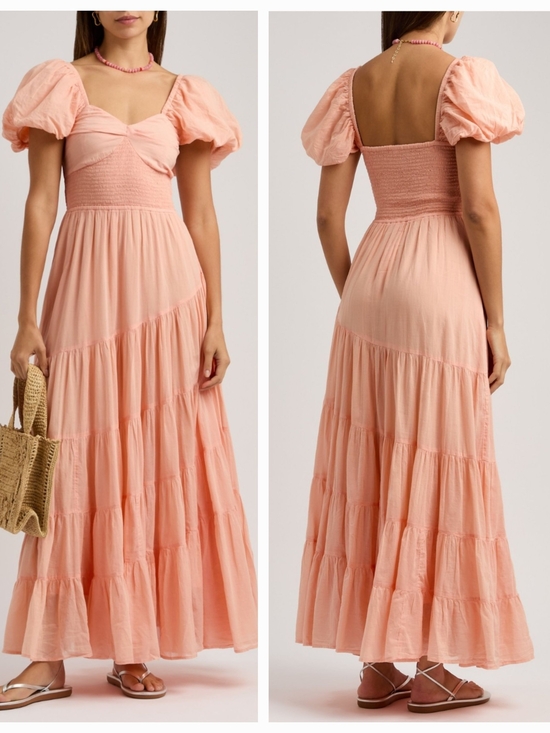 Free People Dresses & Skirts - FREE PEOPLE Sundrenched Maxi Dress Peach Puff with Puff Sleeves Size L